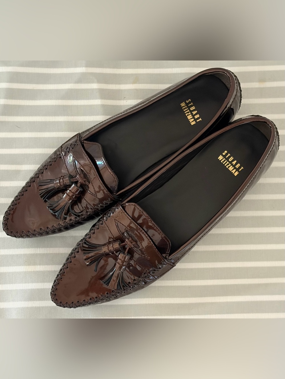 Women’s Stuart Weitzman Patent Leather Bronze Metallic Loafers SZ 9N MINT COND
